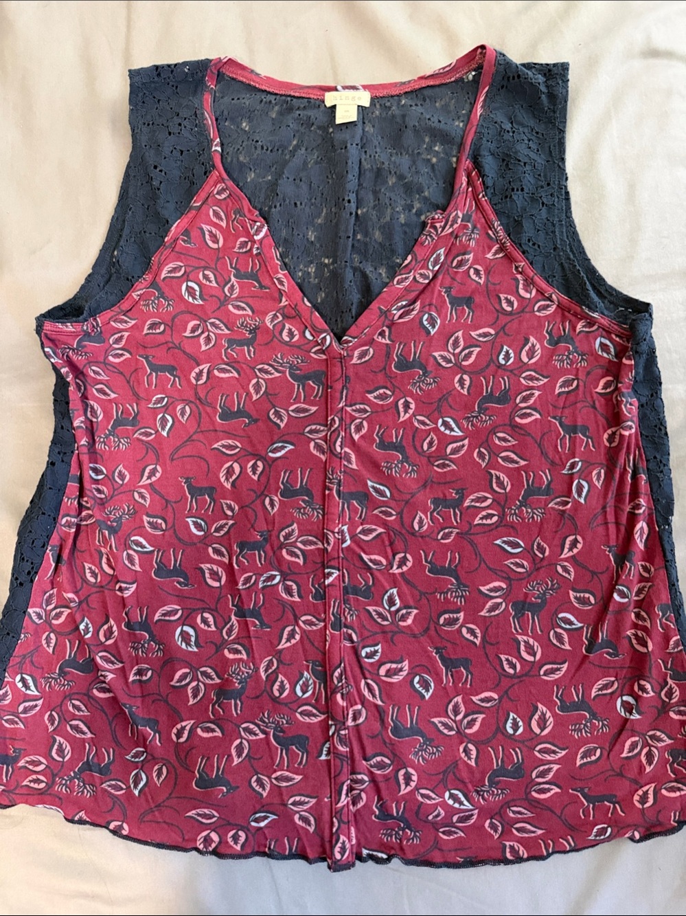 Hinge Burgundy Printed Shell with Navy Lace Back size M